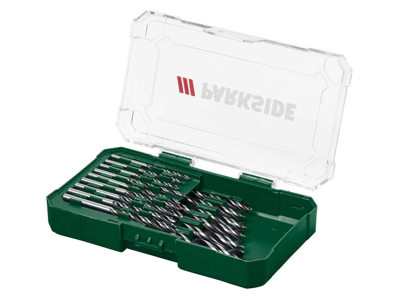 Parkside® urbju un bitu komplekts atvērtā zaļā un caurspīdīgā futlārī.