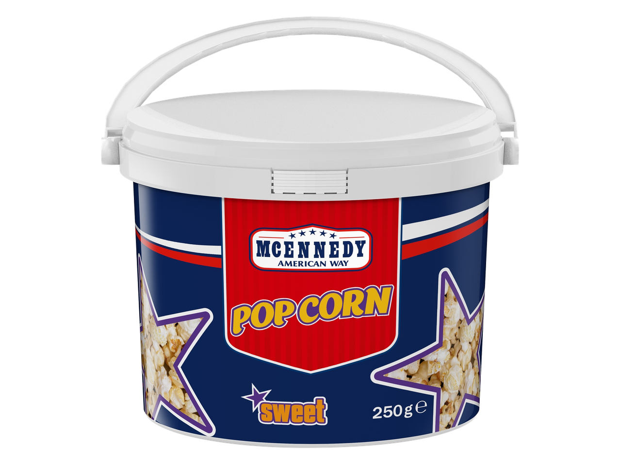 Un seau de pop-corn sucré de 250g, avec un design rouge, blanc et bleu.