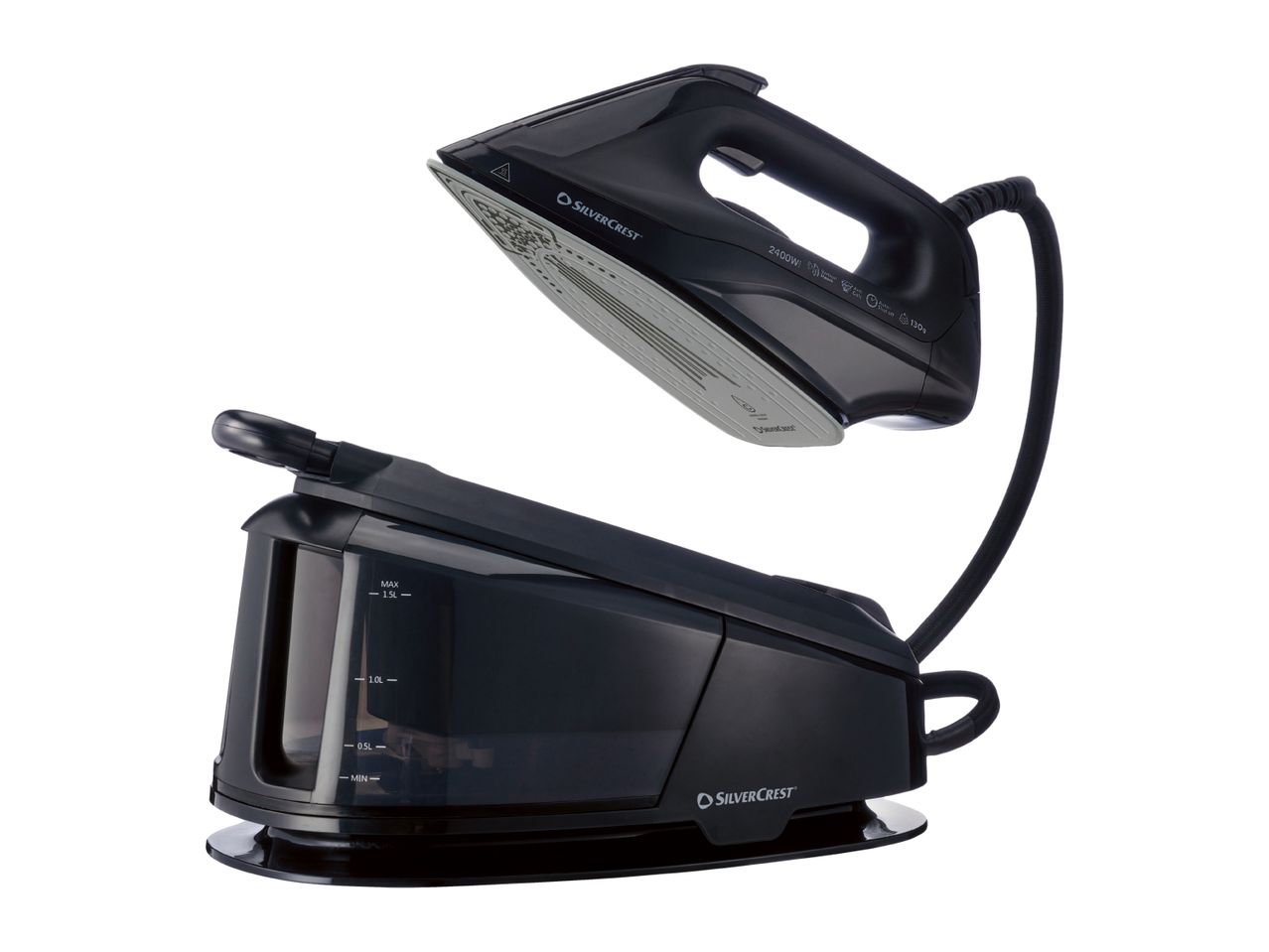 SilverCrest steam generator iron with a black and grey design