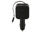 Zwarte autolader met USB-C en USB-A poorten, en een geïntegreerde kabel.