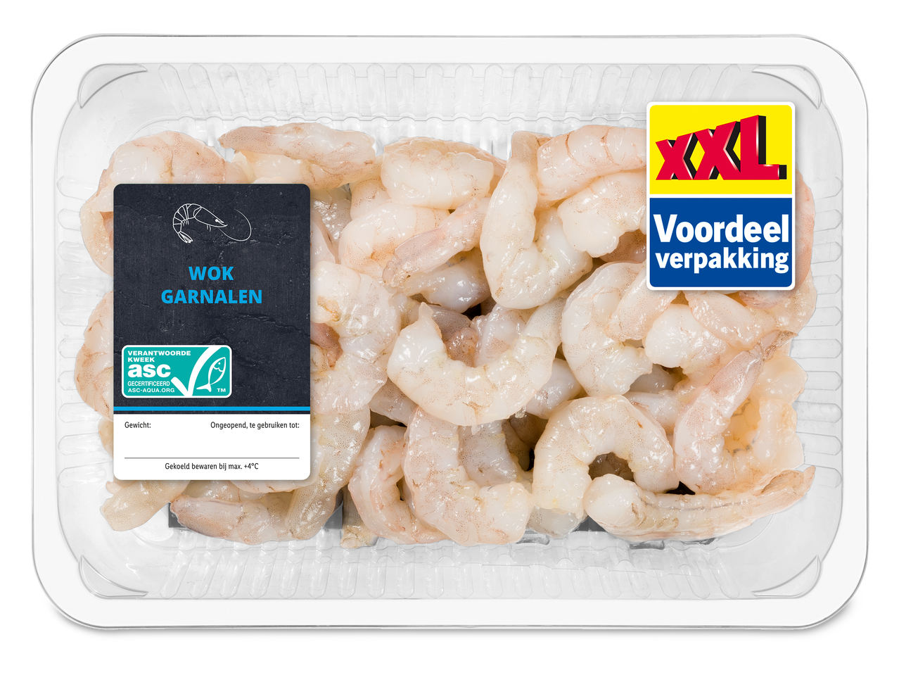 Verpakking met wokgarnalen, met een XXL voordeelverpakking label en ASC-gecertificeerd logo.