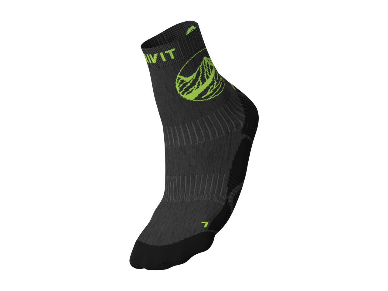 Black and neon green athletic sock with a mountain graphic and textured patterns