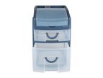 A two-drawer plastic storage unit with a clear bottom drawer and a blue top drawer.