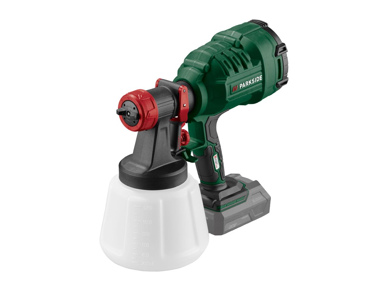 Cordless paint spray gun with a green body, red nozzle, and a white container.