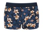Men's boxer shorts with a tropical floral and leaf pattern in white, orange, and blue.