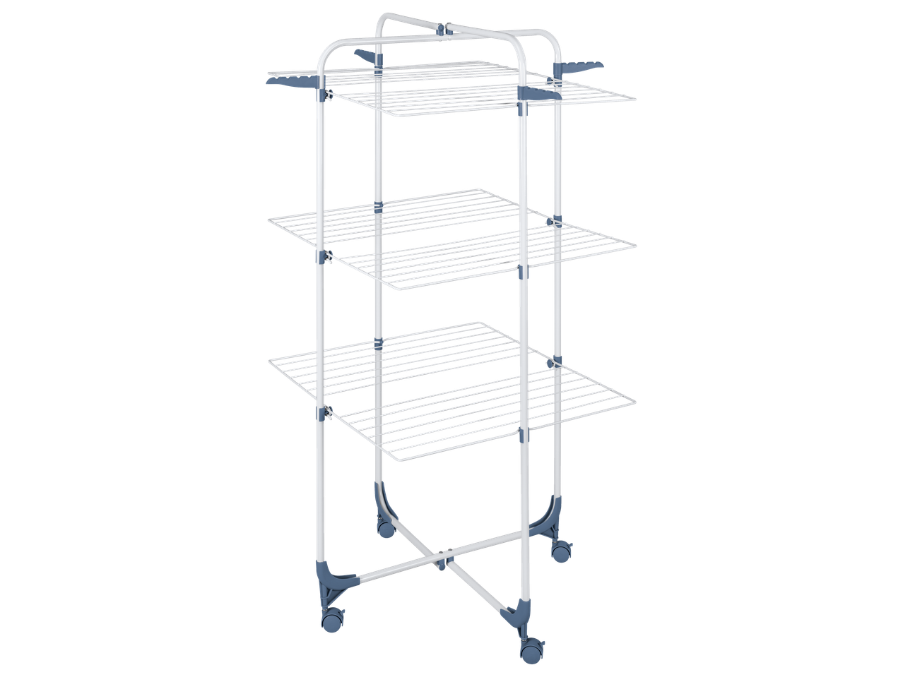 Estendal vertical de três níveis LIVARNO com rodas, branco e azul.