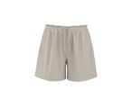 Light beige women's shorts with a ruffled elastic waistband and drawstring.