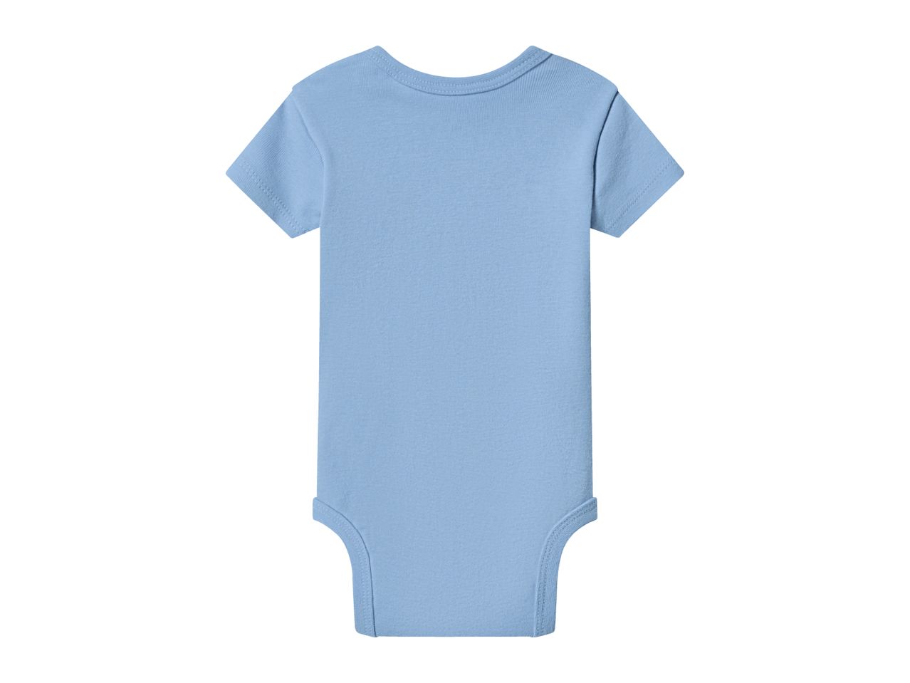Light blue baby bodysuit with short sleeves, back view.