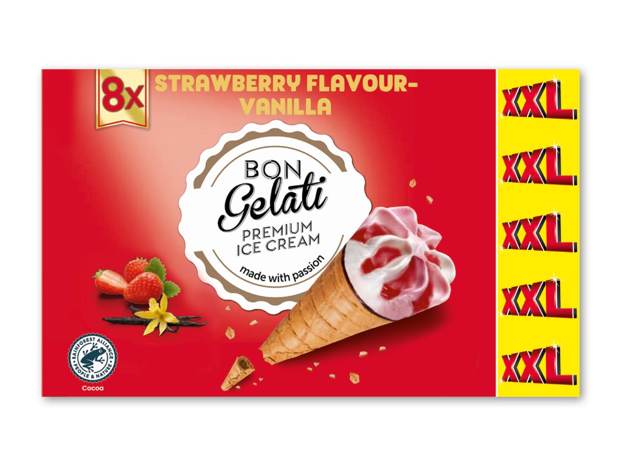 8x jordbær-vaniljeisvafler med Rainforest Alliance-certificeret kakao, XXL-størrelse.