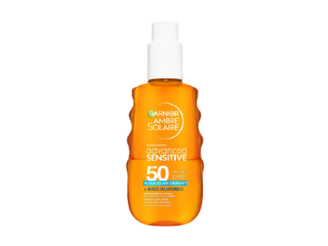 Protetor solar em spray com fator 50, hidratante e com ácido hialurónico.
