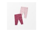 Two pairs of baby leggings, one pink and one maroon, on a white background.