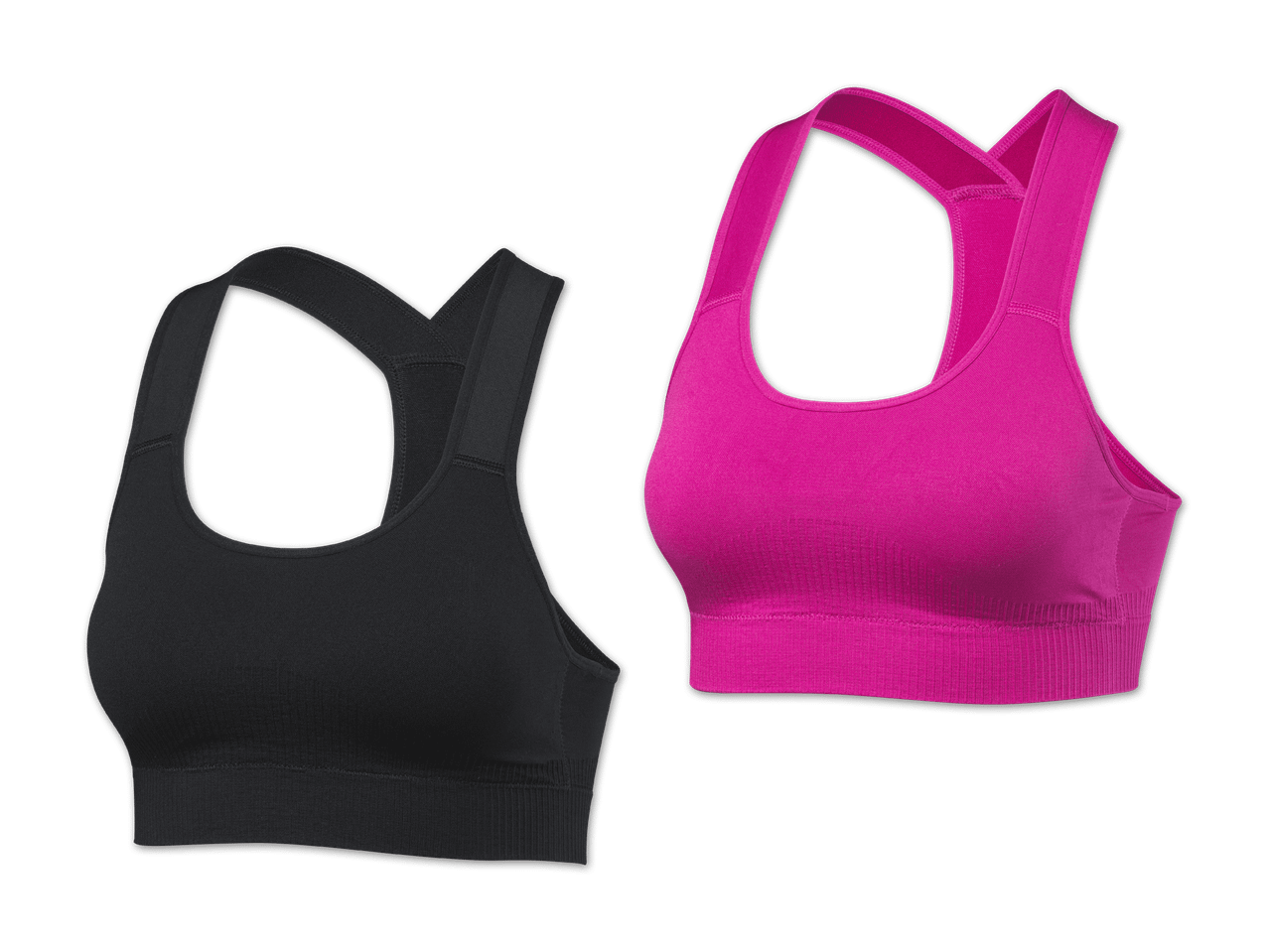 Zwei Sport-BHs, einer in Schwarz und einer in leuchtendem Pink, auf schwarzem Hintergrund.