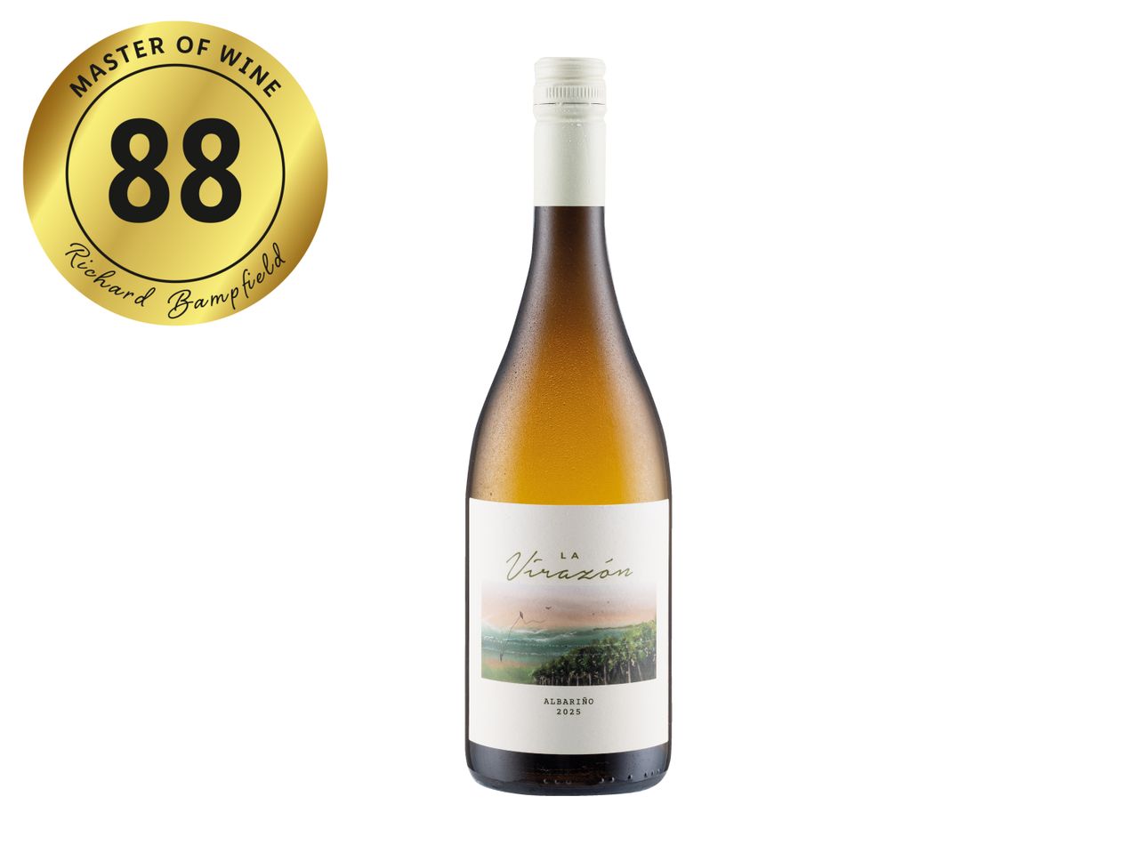 White wine bottle with a scenic label, rated 88 by a Master of Wine.