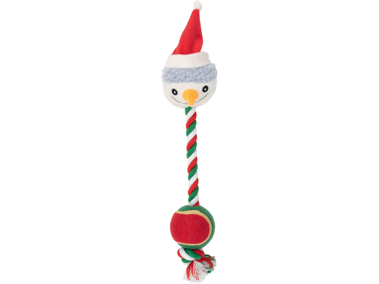 Jõulukoera mänguasi lumememme pea, keerutatud köie ja palliga