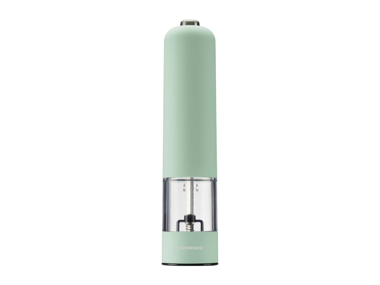 A light green electric salt and pepper grinder with a clear viewing window.