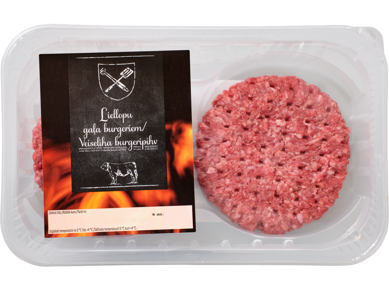 Liellopu veiseburgerid pakendis.
