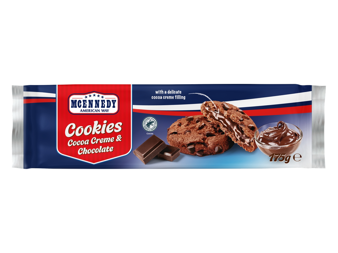 Paquet de biscuits au chocolat avec un fourrage crémeux au cacao, 175g.