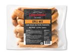 En pakke med grillpølser, herunder karrygriller, chili-pølser og frankfurtere, med en etiket der angiver 'GRILL-MIX' og 'BIG PACK - 12 STK / 1220 G'.