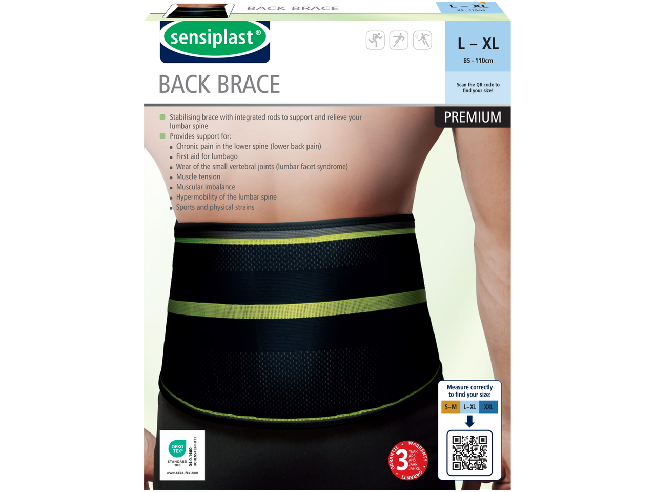 Sensoplast back brace in L-XL size, stabilizing the lumbar spine and relieving pain.