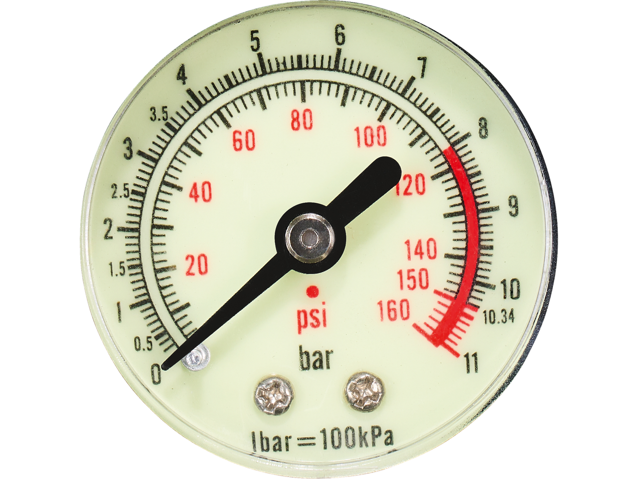 Ultimate Speed mini compressor pressure gauge, showing 100 psi or 7 bar.