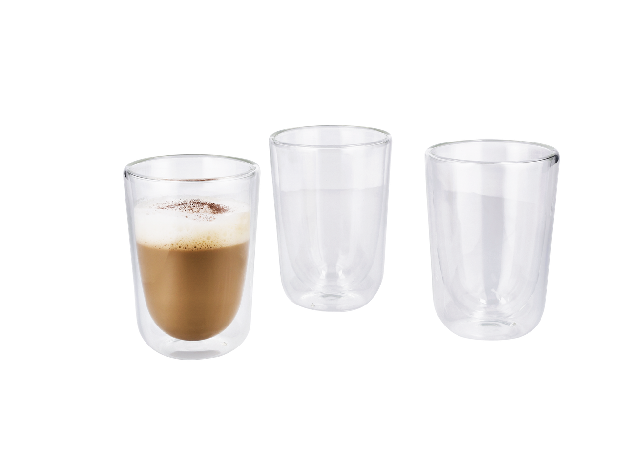 Drie dubbelwandige glazen, één met koffielatte en twee leeg.