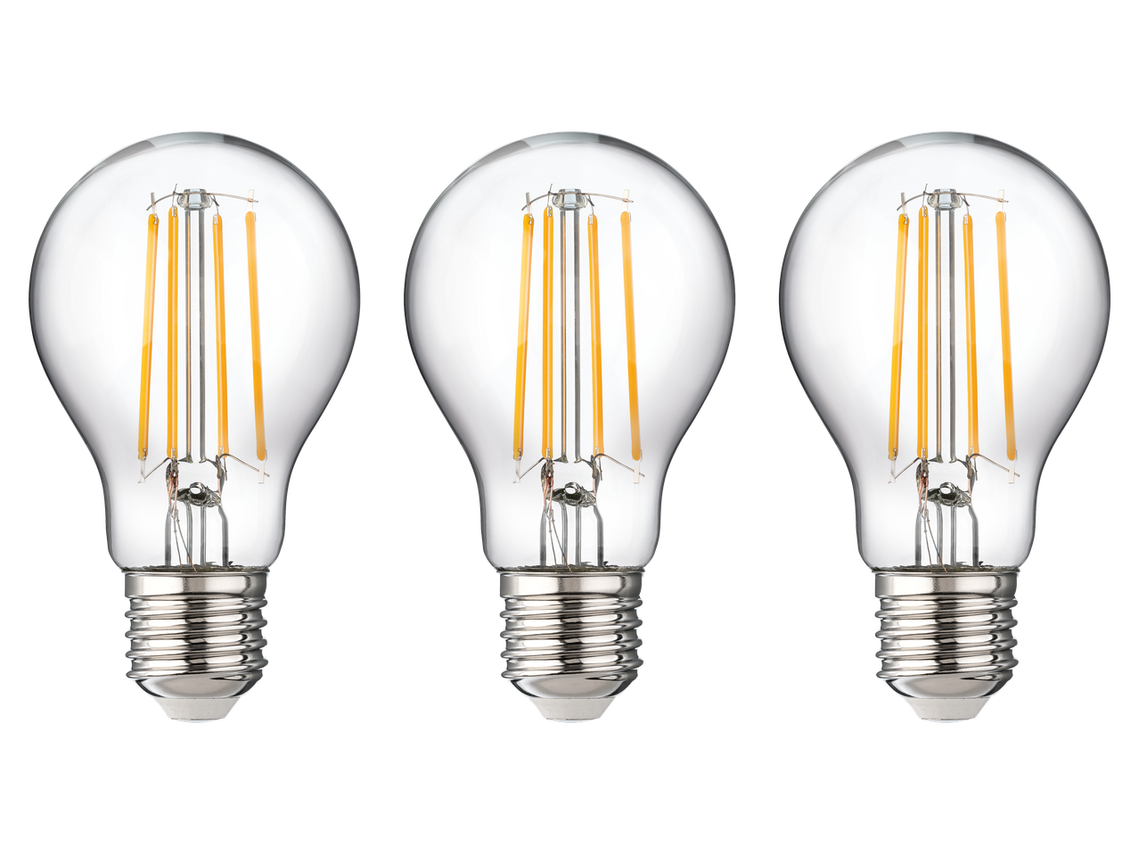 Три LED филаментни крушки Livarno, с винтова основа, на черен фон.