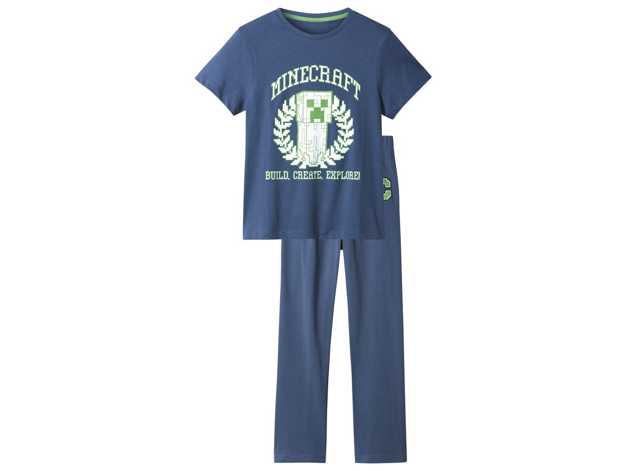 Blue Minecraft pajama set with a Creeper graphic and 'BUILD, CREATE, EXPLORE!' text.