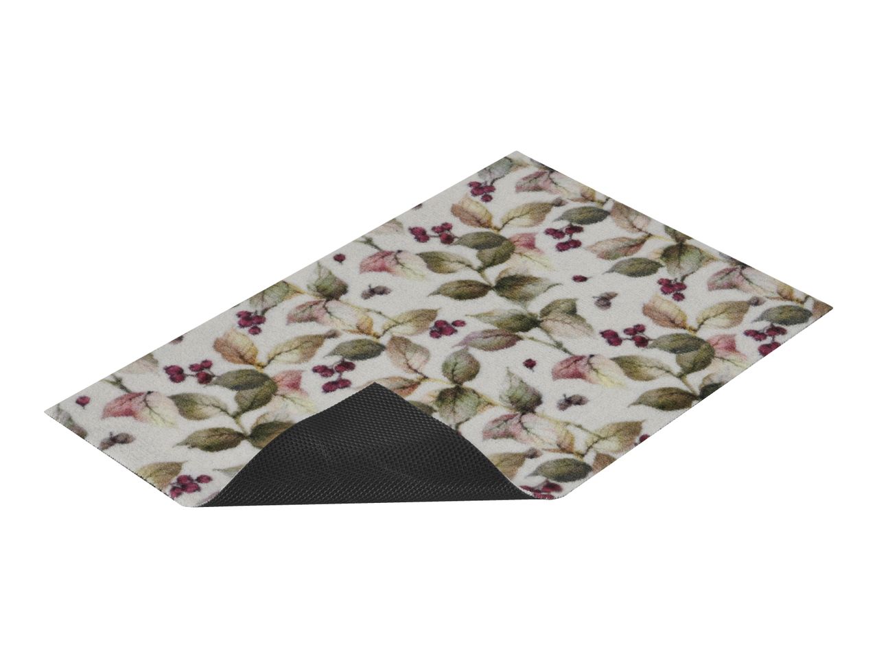 Rectangular doormat with a pattern of green and brown leaves and red berries, showing its black non-slip backing.