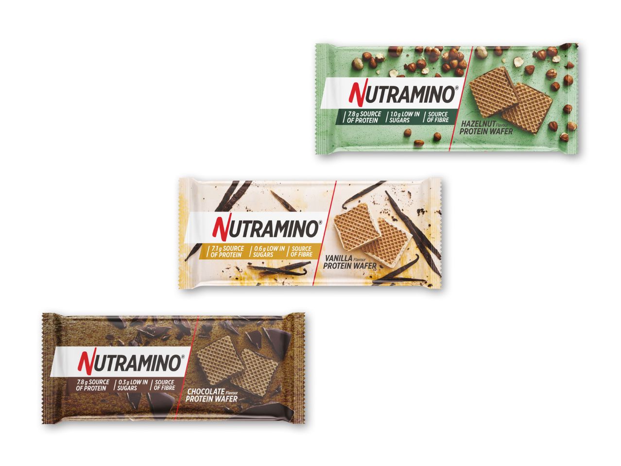 Tre forskellige Nutramino proteinvafler: hasselnød, vanilje og chokolade.