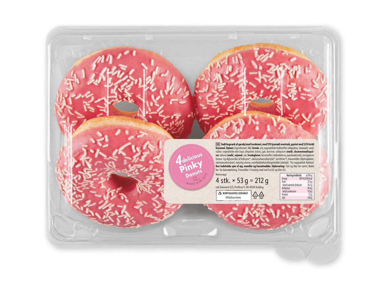 Fire lyserøde donuts med hvidt krymmel i en klar plastbakke.