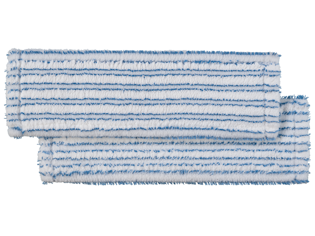 Бяла микрофибърна подложка за моп с хоризонтални сини ивици.