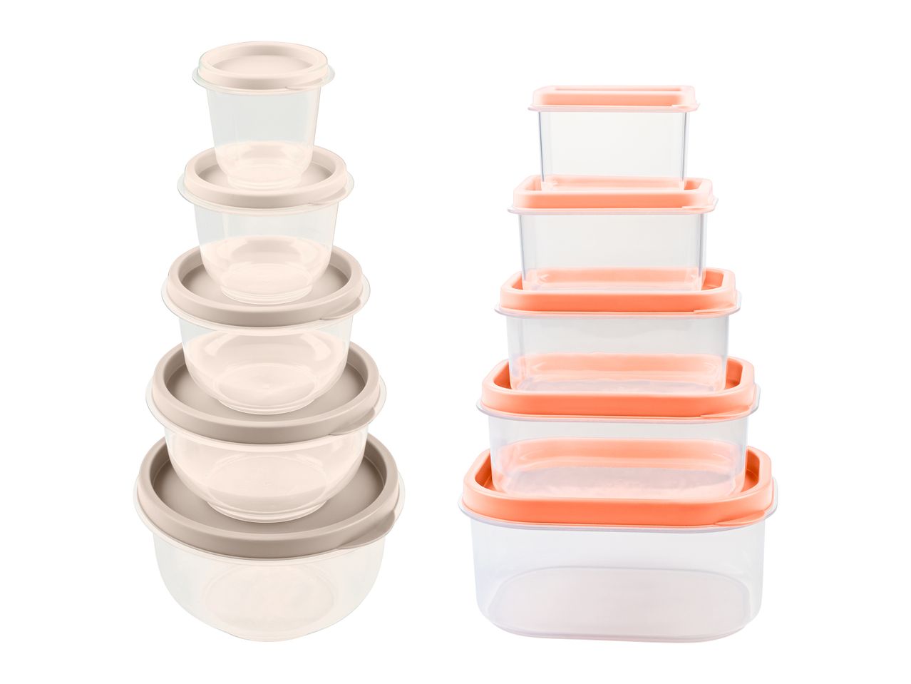 Set mit rechteckigen und runden Plastik-Vorratsbehältern in Grau und Orange.