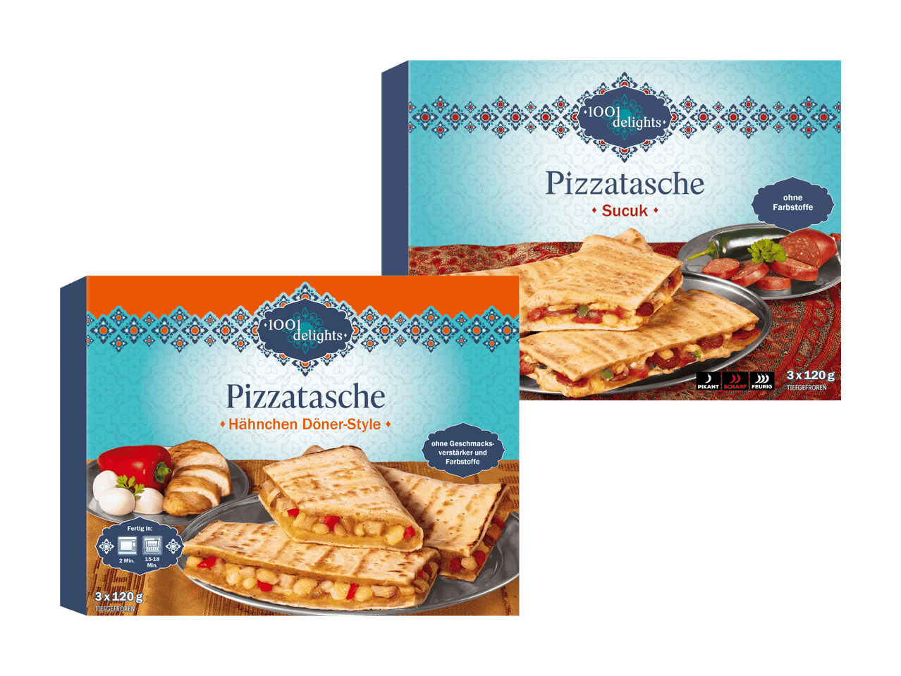Zwei Packungen Pizzataschen: eine mit Hähnchen-Döner-Style und eine mit Sucuk.