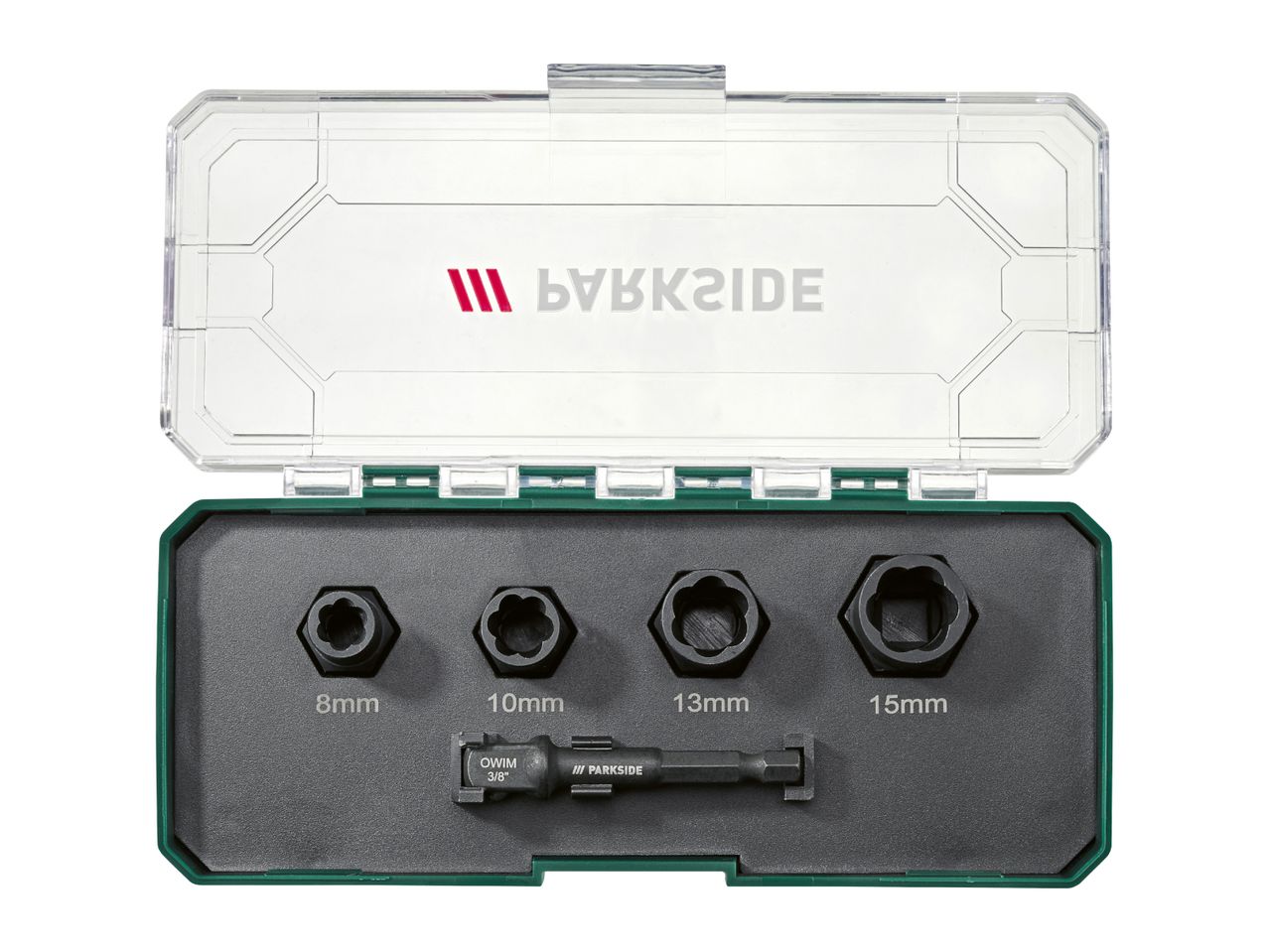 A set of four bolt extractors (8mm, 10mm, 13mm, 15mm) and an adapter in a green case.
