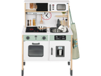 A white and light green wooden play kitchen with a stove, oven, sink, microwave, and refrigerator.