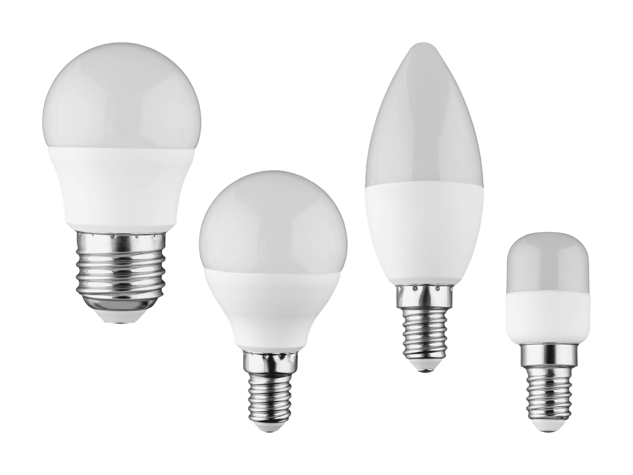 Quatre ampoules LED de différentes formes et tailles sur fond noir.
