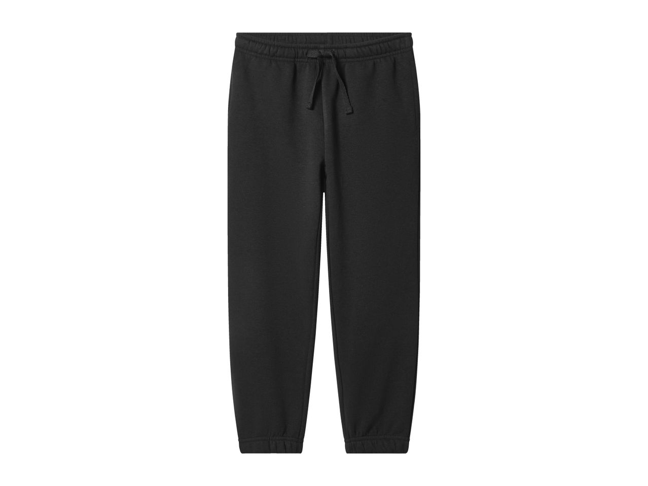 Black sweatpants with an elasticated waist and drawstring.