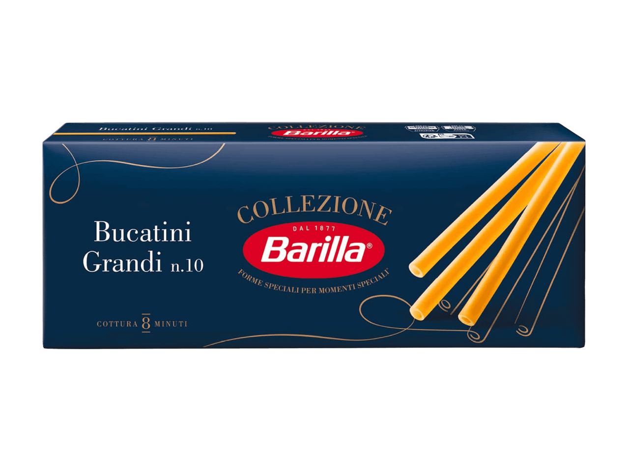 Packung Bucatini-Nudeln, Kochzeit 8 Minuten.