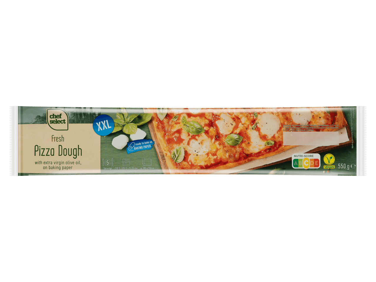 Sütőpapírra tekert friss pizzatészta extra szűz olívaolajjal, 550 g-os kiszerelésben.