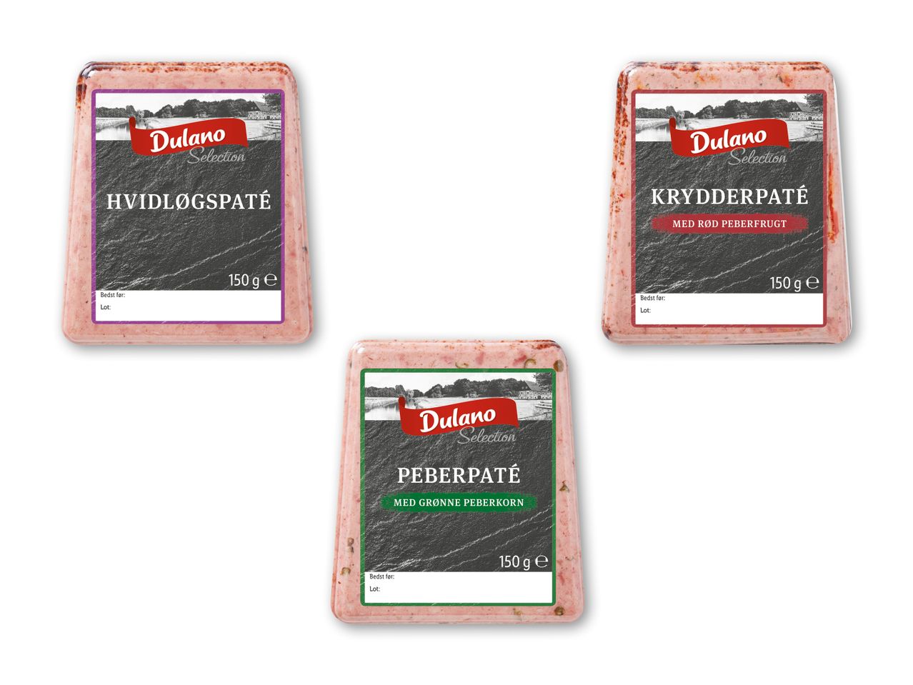 Tre pakker Dulano Selection paté: hvidløgspaté, krydderpaté med rød peberfrugt og peberpaté med grønne peberkorn.