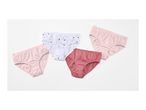 Four pairs of women's briefs in pink, white with hearts, and dark pink.