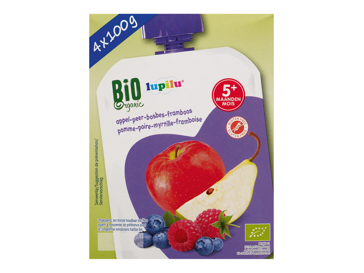 Pochette de purée de fruits bio Lupilu pomme, poire, myrtille, framboise pour bébés de 5 mois et plus