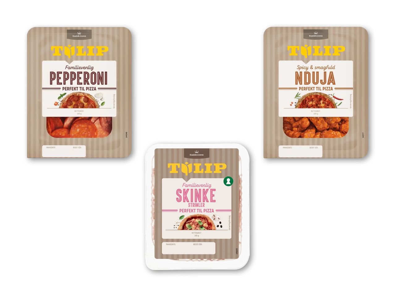 Tre pakker med pizzapålæg: pepperoni, nduja og skinke i strimler.