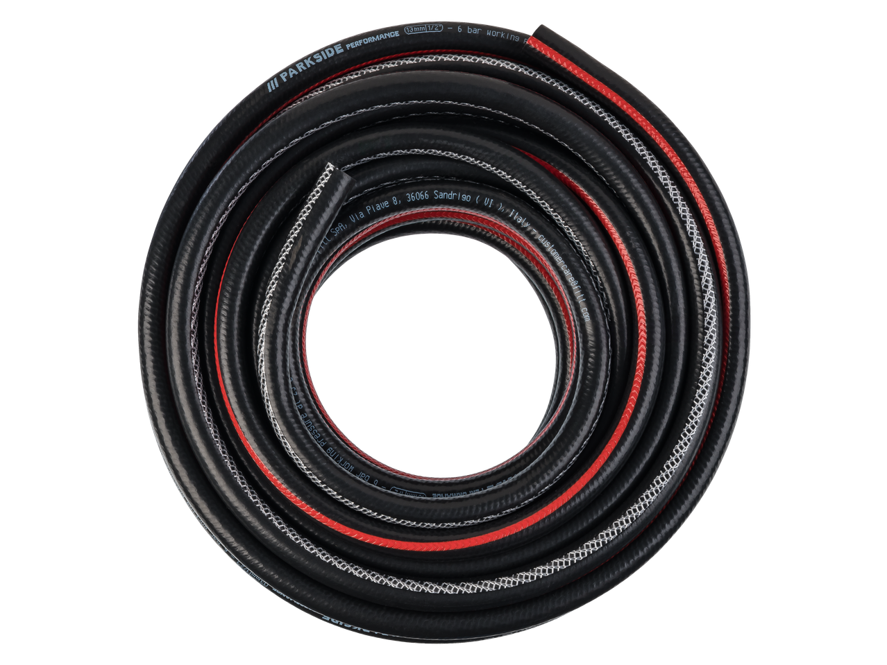Coiled black garden hose with red and white accents, showing specifications like 13mm 1/2' and 6 bar working pressure.