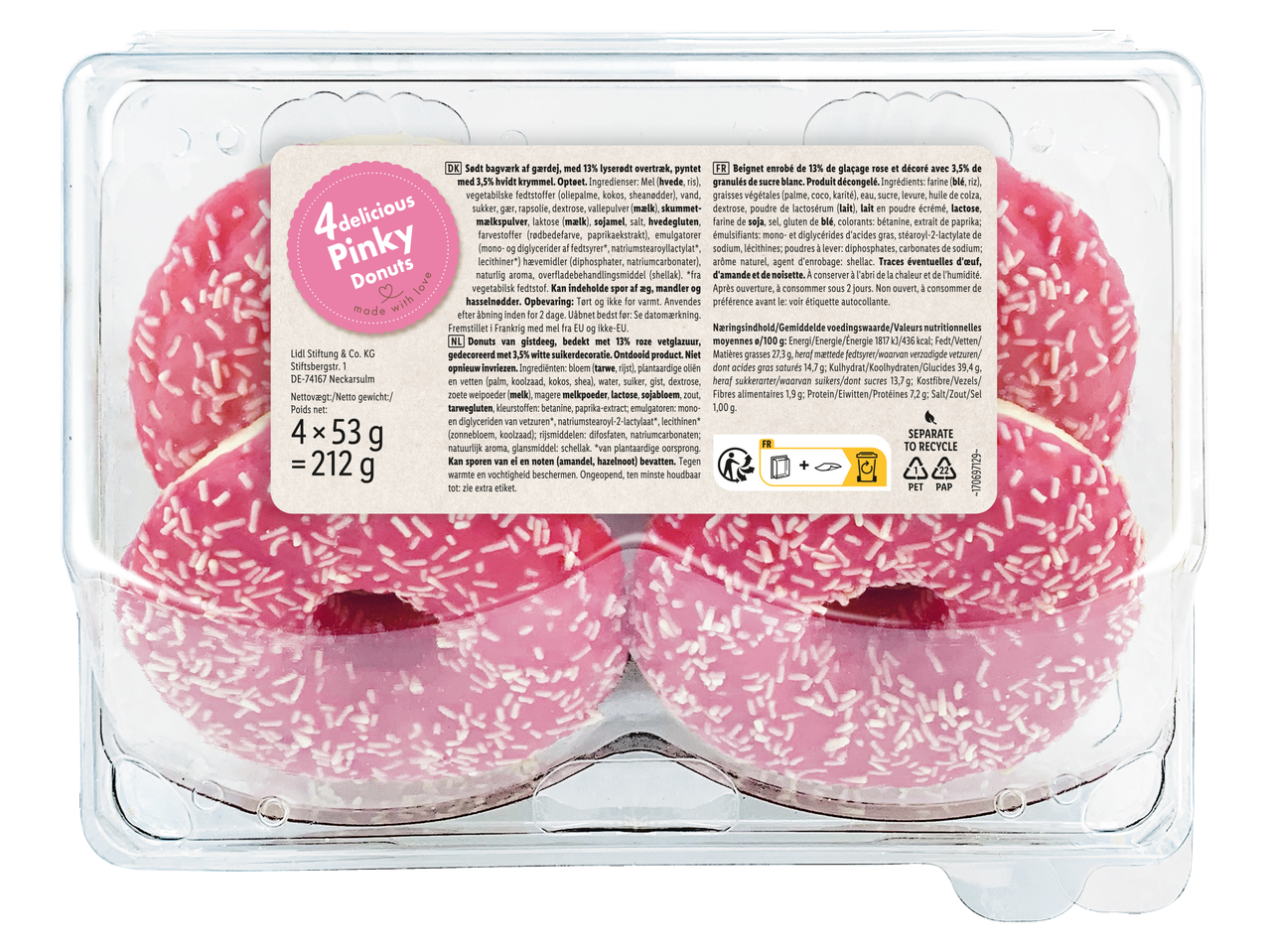 Vier roze donuts met witte sprinkles in een doorzichtige plastic verpakking.