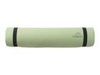 Rolled-up light green yoga mat with a textured surface and black elastic straps.