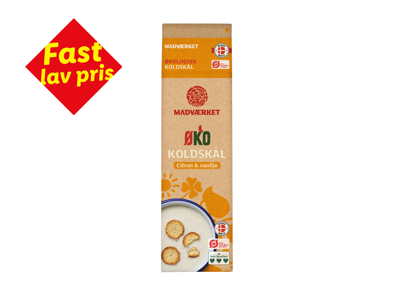 Økologisk koldskål med citron og vanilje, mærket med 'Fast lav pris'.