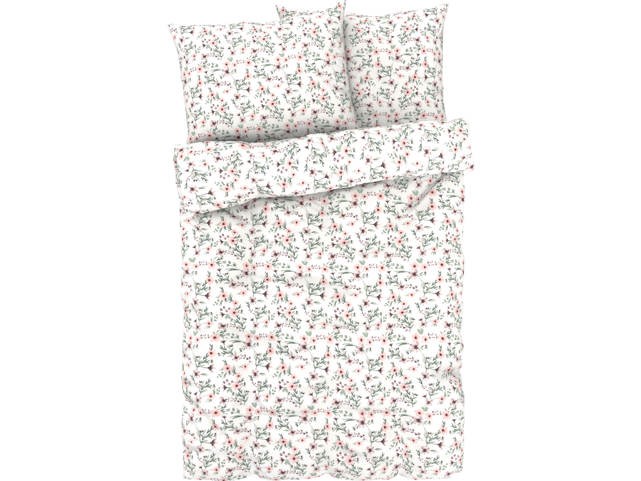 Floral bedding set with two pillowcases and a duvet cover.