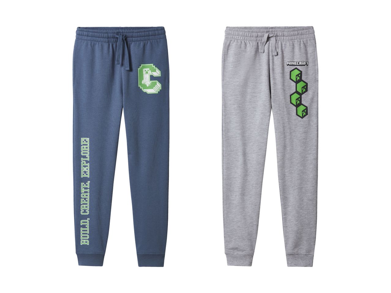 Zwei Kinderjogginghosen, eine marineblau mit Minecraft-Motiv und eine graue mit Minecraft-Logo.