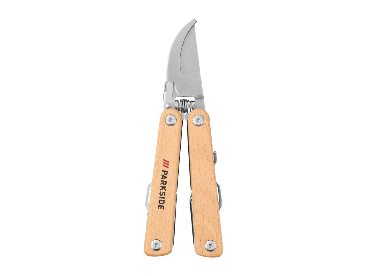 A multi-tool with a curved blade and wooden handles.